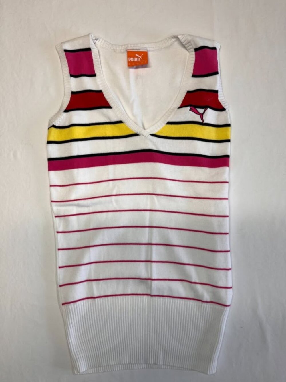 Vintage Puma Retro Striped V-Neck Sweater Vest White Pink Yellow XS